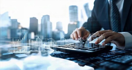 Businessman using calculator with growth graph and financial data on screen, symbolizing budgeting and debt planning, debt management, finance, growth