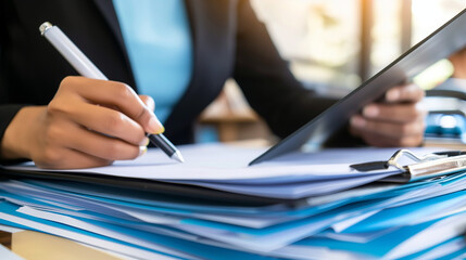 Diligent HR Manager Reviewing Complaints in Organized Office, Highlighting Fairness in Conflict Resolution