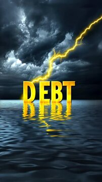Yellow lightning bolt striking DEB in bold on water, dark clouds above, symbolizing shocking debt situations and financial emergencies, debt management, finance, crisis