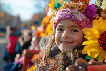 Fototapeta premium Thanksgiving Parade, A smiling girl wearing a colorful hat adorned with flowers sits among cheerful decorations during a festive outdoor event.