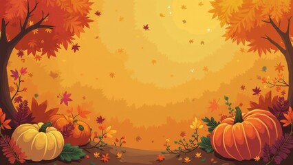 Colorful autumn leaves fall gently in a golden landscape, featuring pumpkins of various sizes nestled among the foliage, creating a festive atmosphere Thanksgiving day concept