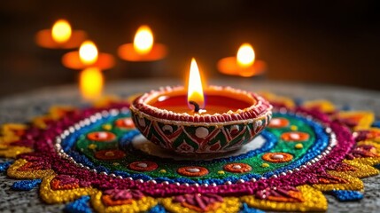 A colorful bowl with a lit candle in the center. The bowl is surrounded by other candles, creating a warm and inviting atmosphere