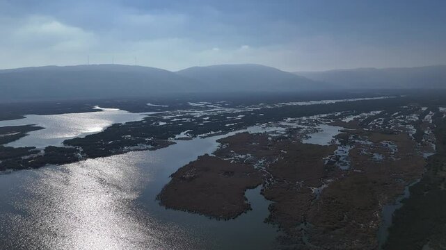 4k aerial view of sunlight reflection over lake of flood plain and marshy area (longoz ormanı)