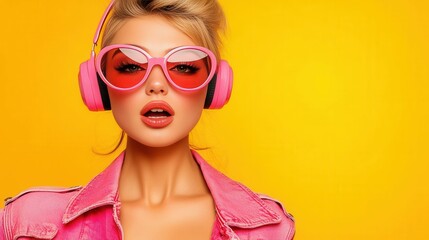 A woman wearing pink sunglasses and headphones. She is smiling and has a pink lip color. The image has a bright and cheerful mood