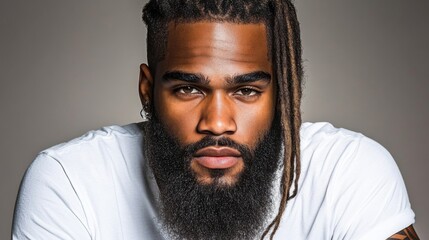 Fototapeta premium A young man with long dreadlocks and a full beard poses confidently in a studio setting with soft lighting