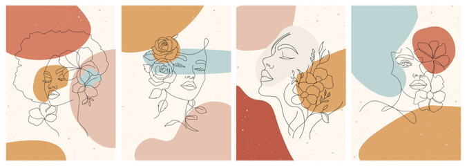 Obraz premium Woman face in minimalist boho style. Female portrait with line flowers. Hand drawn female face abstract line art. Flat vector illustration for social media, logos, posters, postcards, t-shirt printing