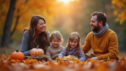 Four family members share smiles while sitting among colorful leaves, surrounded by pumpkins in a park during a pleasant autumn day Thanksgiving day concept