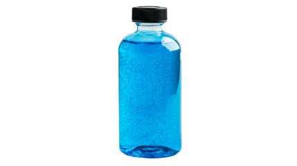 Bright blue liquid in a clear bottle with a black cap against a white background