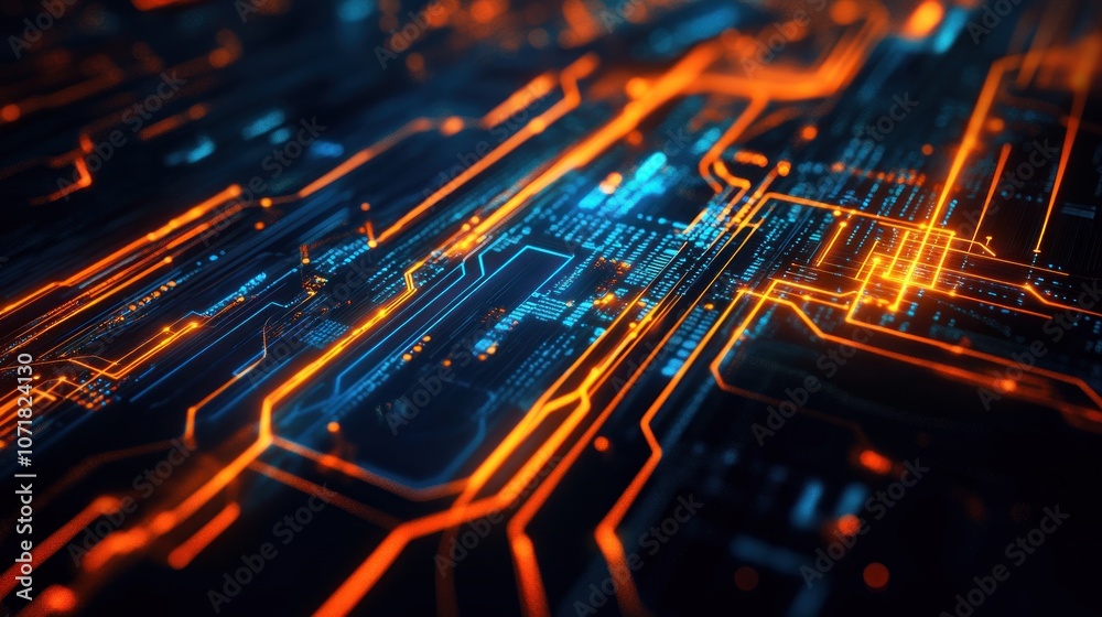 Poster abstract digital circuit design with glowing lines and nodes representing technology.