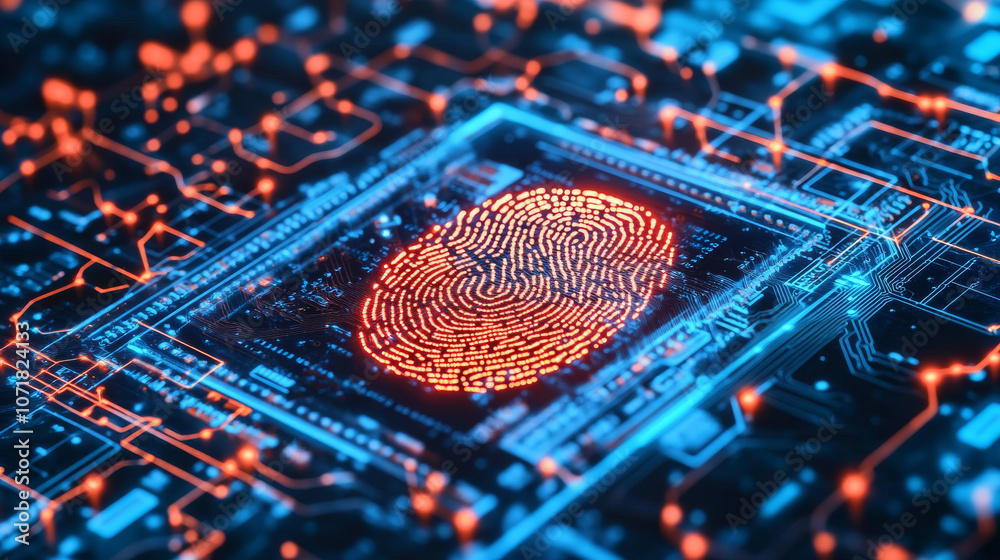 Poster a digital background showing a fingerprint scan on a computer circuit board, illustrating the idea o