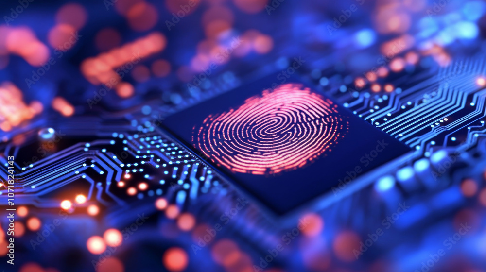 Poster a digital background showing a fingerprint scan on a computer circuit board, illustrating the idea o