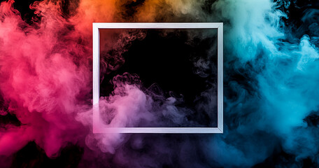 A white frame sits against a black background surrounded by colorful smoke. The smoke is pink,...