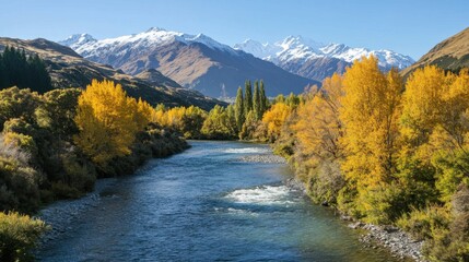 Forest and river under snowy mountains in autumn