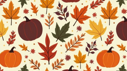 Naklejka premium A colorful array of autumn leaves in various shades surrounds pumpkins, conveying the essence of fall. The warm colors suggest seasonal festivities and harvest time Thanksgiving day concept