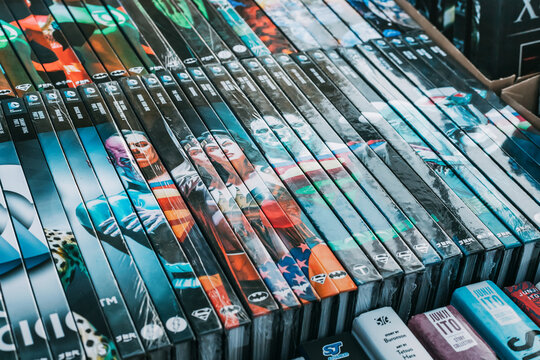 1 September 2024. Belgrade, Serbia: display of comic books and magazines for sale, featuring colorful covers with iconic superheroes like Superman and Superwoman.