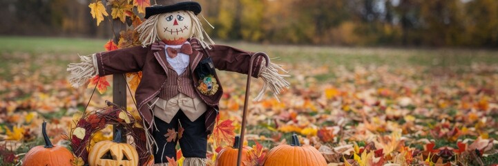 Obraz premium A banner with a stuffed animal for Halloween and autumn in an open field. The scarecrow is dressed in a vintage outfit, a top hat and holds a cane, decorated with pumpkins, a wreath and leaves.