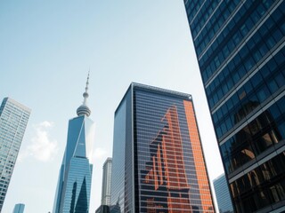 Obraz premium Close up view of sleek, glass skyscrapers in the bustling city of Shanghai, China, progress, architectural design