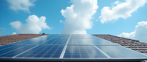 Solar panels on the roof of the house, blue sky, clouds