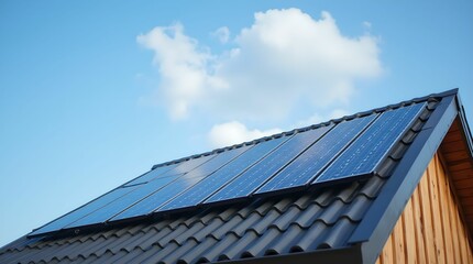 Solar panels on the roof of the house, blue sky, clouds