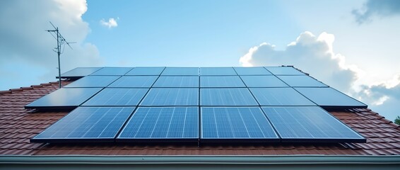 Solar panels on the roof of the house, blue sky, clouds