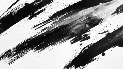 An artistic depiction featuring bold black and white brush strokes creating dynamic contrasts and textures on a white canvas background.