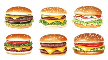 Instructional illustration of 6 different style Hamburger, on white background, clipart, item, realistic style
