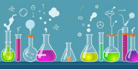 Collection of laboratory-themed icons including test tubes, flasks, chemistry symbols on white background, symbols, visuals