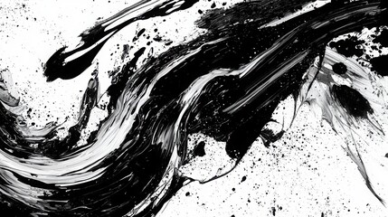 An expressive black and white abstract painting featuring dynamic brush strokes and splashes, showcasing creative movement and texture.