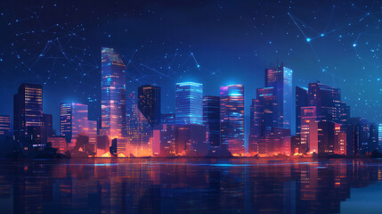 Obraz premium A futuristic city scene with a focus on technology and data security. The design uses a blue color scheme and a low-poly style, representing global connectivity and the power of social networks.