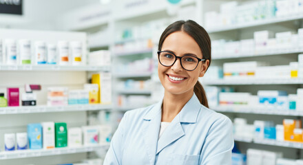 Friendly pharmacist assisting customers in a well-organized pharmacy with various products on display during daylight