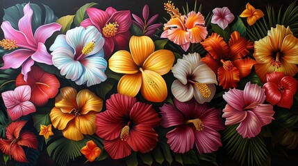 Fototapeta premium A vibrant arrangement of colorful hibiscus flowers against a dark background.