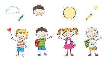 Fototapeta premium Colorful vector hand drawn doodle set depicting school, preschool, and kindergarten design elements on a white background, perfect for educational and creative projects, creative, print media