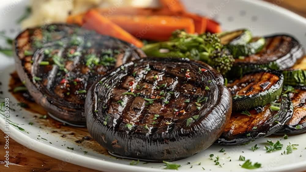 Wall mural Portobello mushrooms, zucchini, carrots and broccoli, making a delicious and healthy vegetarian meal seasoned with parsley