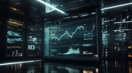 Fototapeta premium A futuristic glass screen shows a chart with business data. It displays financial growth, market trends, and economic information.
