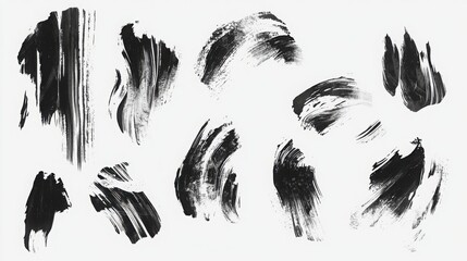 The image displays an array of artistic brush strokes in black and white against a clean white background, showcasing abstract designs and creative expression.