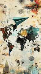 Artistic world map with paper plane soaring above, evoking sense of adventure