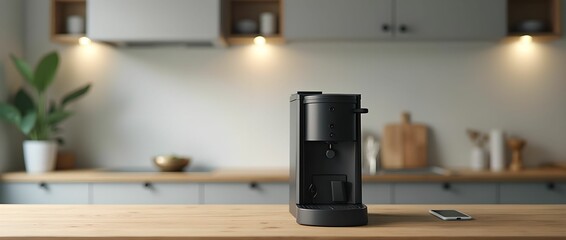 Modern coffee machine on wooden table against the background of luxurious kitchen in light gray tones.