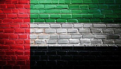 アラブ首長国連邦の国旗がペイントされたレンガの壁。(Brick wall painted with the United Arab Emirates flag.)
