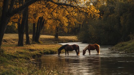 Forest and river under snowy mountains in autumn