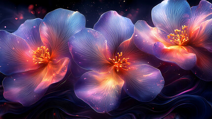 Vibrant neon flowers with fluid waves in Asian aesthetic