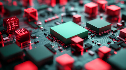 A green microchip without any code written on it.  Red blocks represent a simplified way to understand programming.