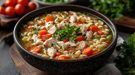 Delicious chicken noodle soup with fresh vegetables and herbs