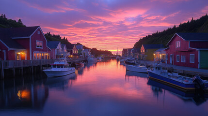 Fototapeta premium Vibrant sunset over a calm harbor with colorful buildings and boats