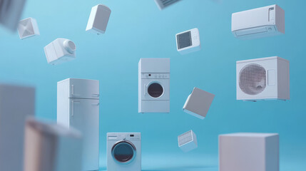 A group of home appliances, like a refrigerator, stove, microwave, oven hood, air conditioner, and washing machine, are floating in the air. This is a 3D image with a blue background.