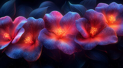 Obraz premium Vibrant 3D flowers with neon accents and Asian motifs