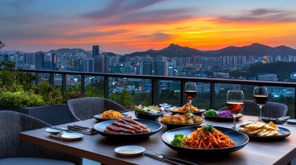 Fototapeta premium Rooftop Dining with Scenic City View at Sunset