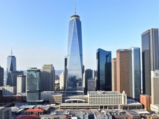 Modern commercial building with glass facade and geometric design in bustling city center, modern, commercial
