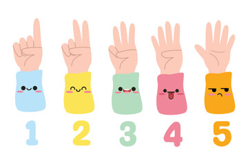 Obraz premium Cute hands gestures element set in kawaii style. Hands counting from 1 to 5. Preschool teaching, study numbers and count. Cartoon fingers
