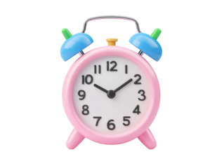 a pink alarm clock with blue bells
