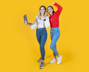 Fototapeta premium Using laptop, full body length two women standing isolated on yellow background holding using laptop pointing screen doing winner gesture wear casual clothes copy space.